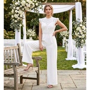 White Lace Jumpsuit L Floral Guipure Wide Leg Cottagecore Whimsigoth Elegant